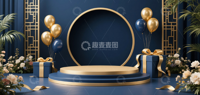 高清大图下载【趣麦麦图】618促销电商展示空间深蓝金色礼盒气球6