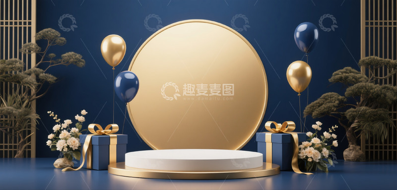 高清大图下载【趣麦麦图】618促销电商展示空间深蓝金色礼盒气球4