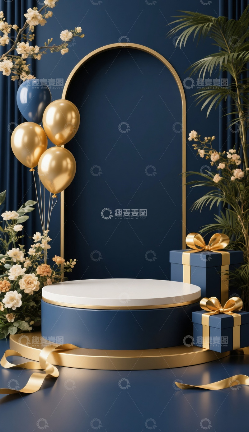 高清大图下载【趣麦麦图】618促销电商展示空间深蓝金色礼盒气球1