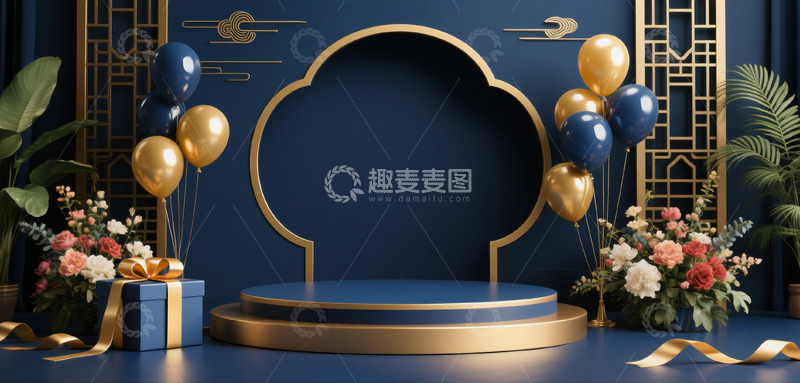 高清大图下载【趣麦麦图】618促销电商展示空间深蓝金色礼盒气球5
