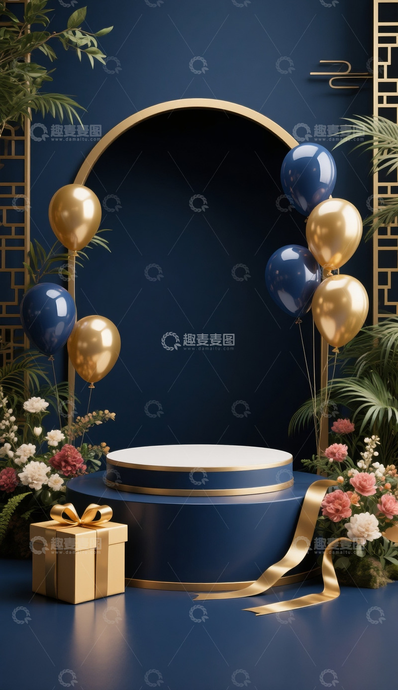 高清大图下载【趣麦麦图】618促销电商展示空间深蓝金色礼盒气球7