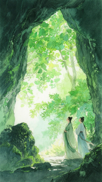 水彩古风人物森林山洞3