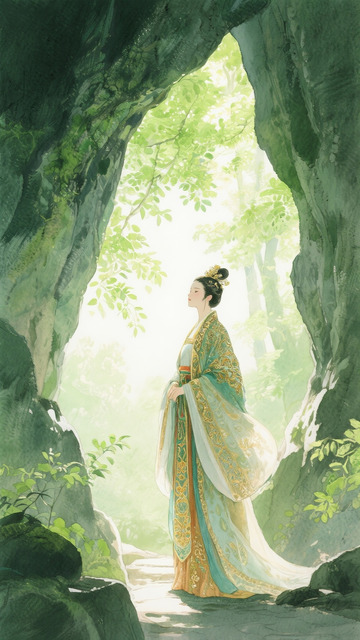 水彩古风人物森林山洞4