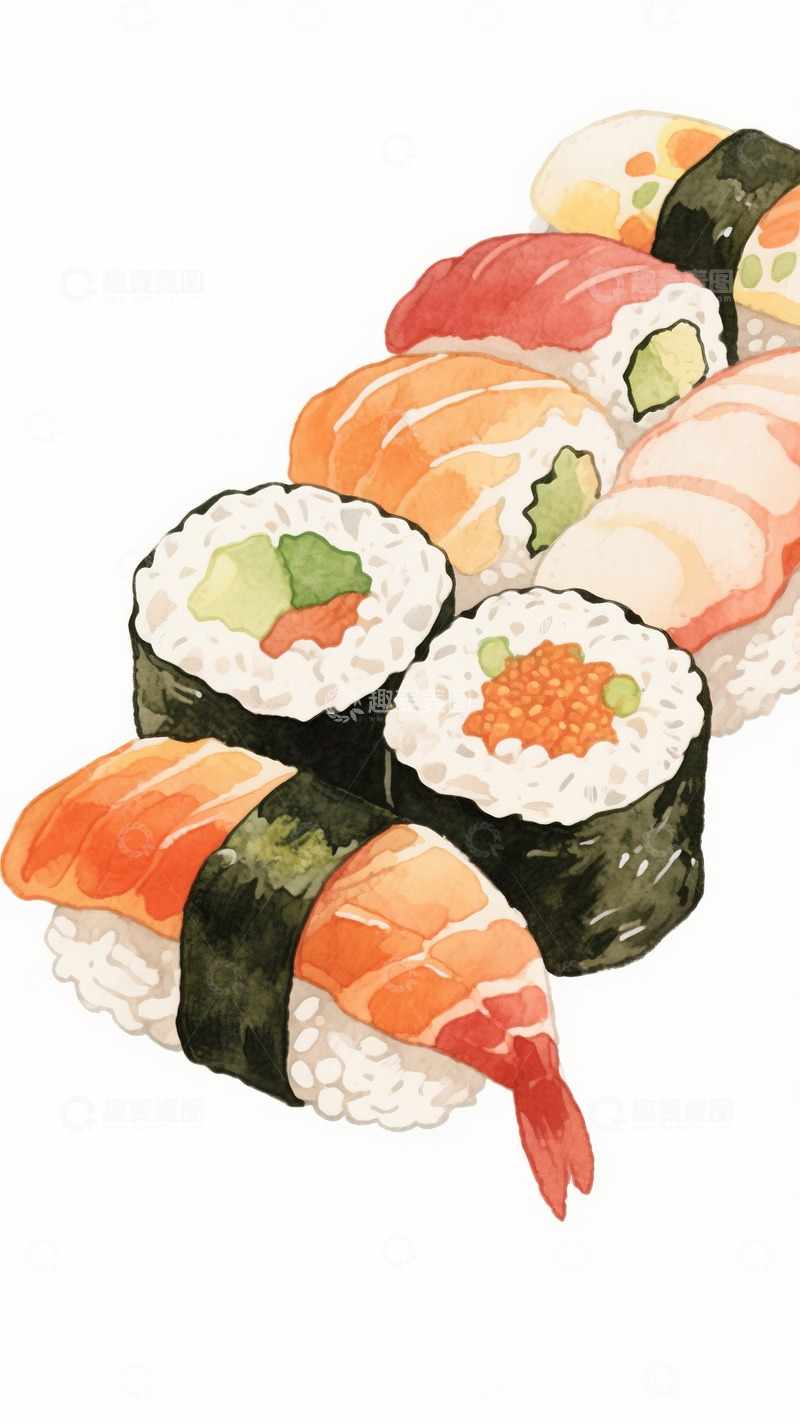 高清大图下载【趣麦麦图】美食寿司插画简约白色背景