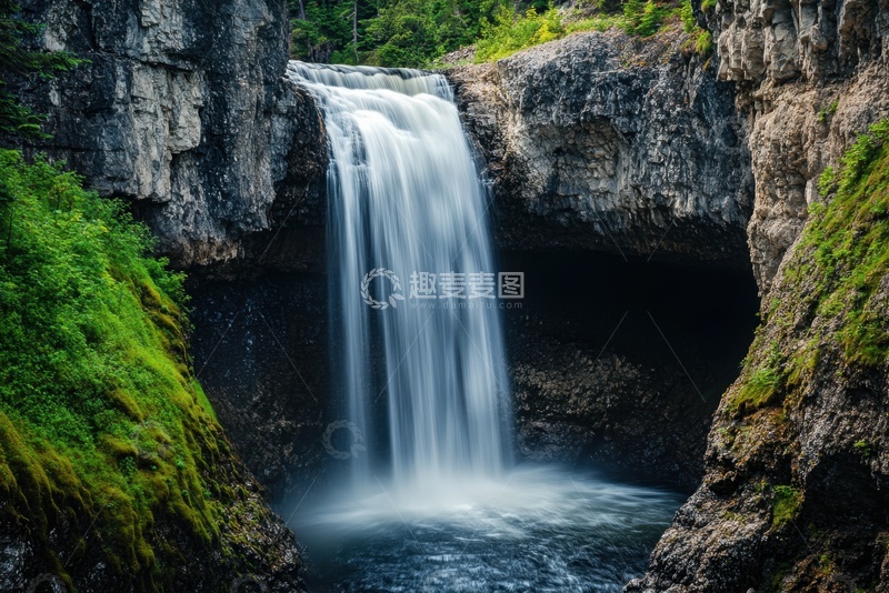 高清大图下载【趣麦麦图】山林断崖上的小型瀑布