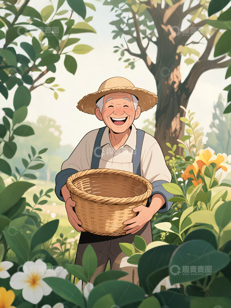 高清大图下载【趣麦麦图】农民伯伯收成微笑抱着篮子2