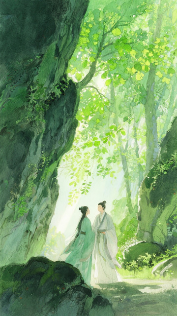 水彩古风人物森林山洞2