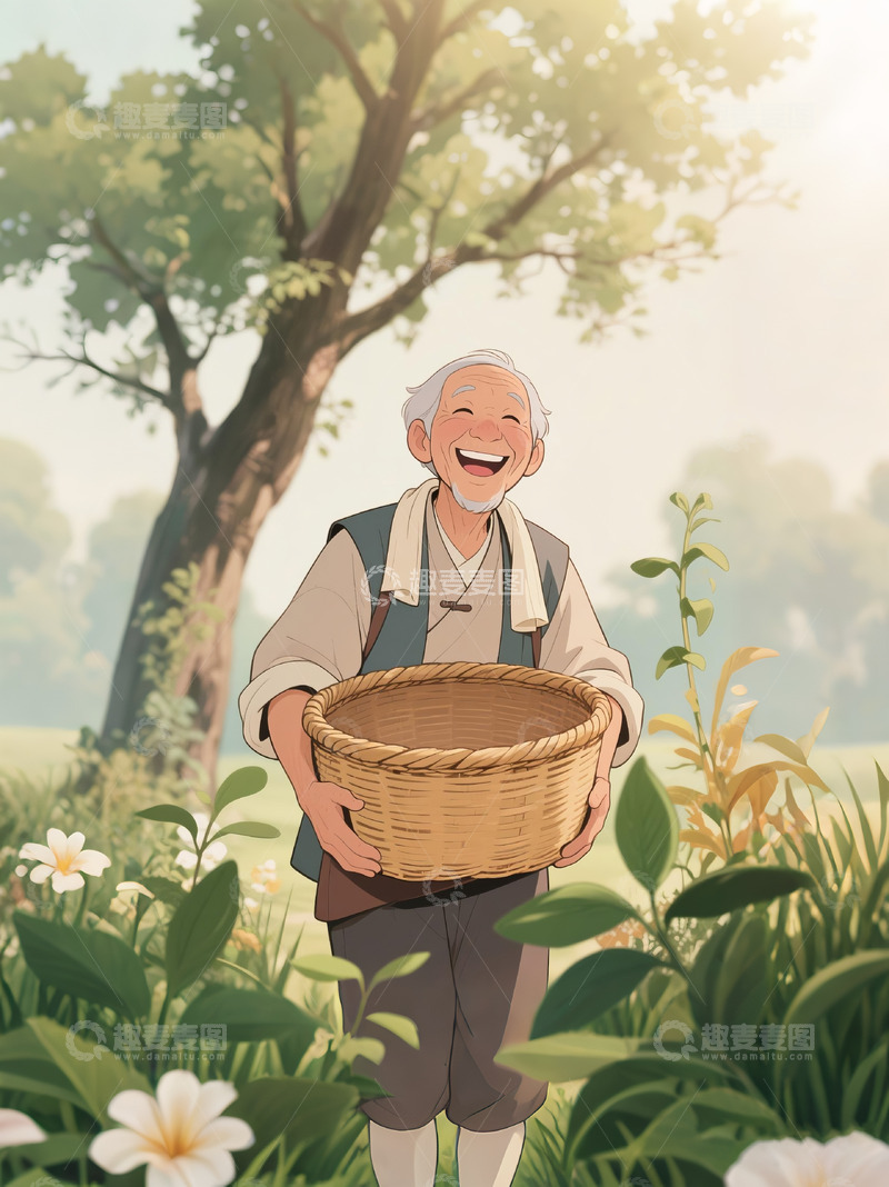 高清大图下载【趣麦麦图】农民伯伯收成微笑抱着篮子1