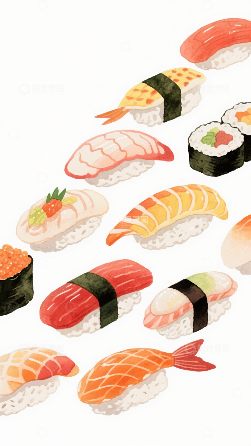 高清大图下载【趣麦麦图】美食寿司插画简约白色背景1