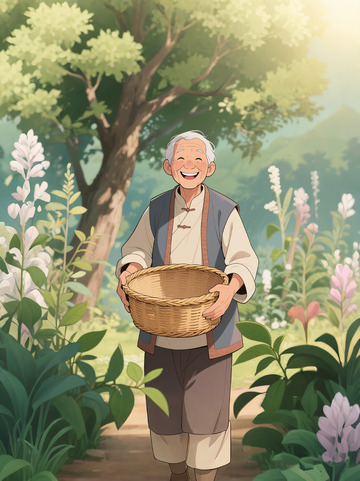 农民伯伯收成微笑抱着篮子