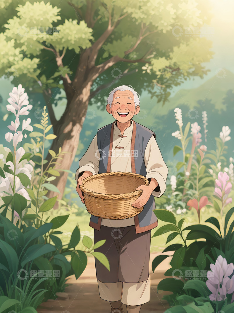 高清大图下载【趣麦麦图】农民伯伯收成微笑抱着篮子