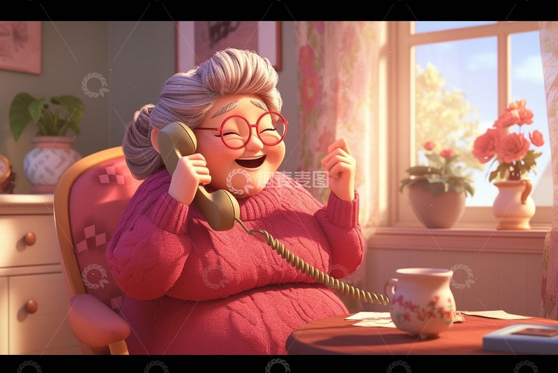 高清大图下载【趣麦麦图】漫画风打电话的老奶奶9