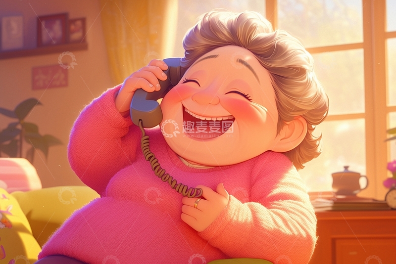 高清大图下载【趣麦麦图】漫画风打电话的老奶奶1