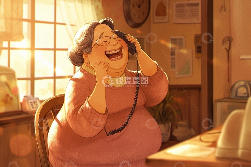 高清大图下载【趣麦麦图】漫画风打电话的老奶奶