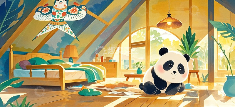 高清大图下载【趣麦麦图】时尚水彩画大熊猫的家温馨可爱