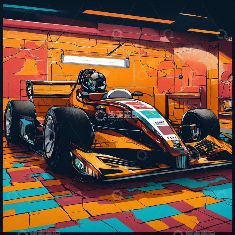 高清大图下载【趣麦麦图】室内卡丁车比赛赛场AI插画海报背景高清图