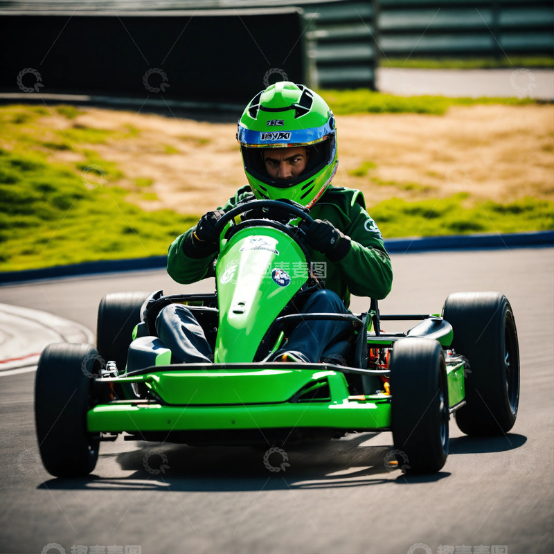 高清大图下载【趣麦麦图】绿色卡丁车比赛赛场AI插画海报背景高清图