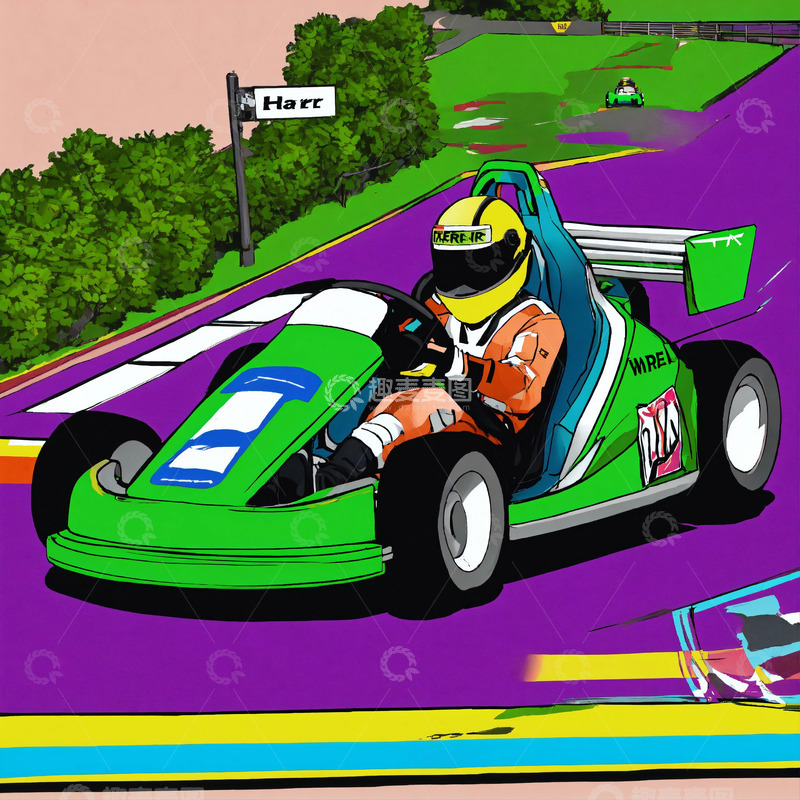高清大图下载【趣麦麦图】绿色卡丁车比赛赛场AI插画海报背景高清图3