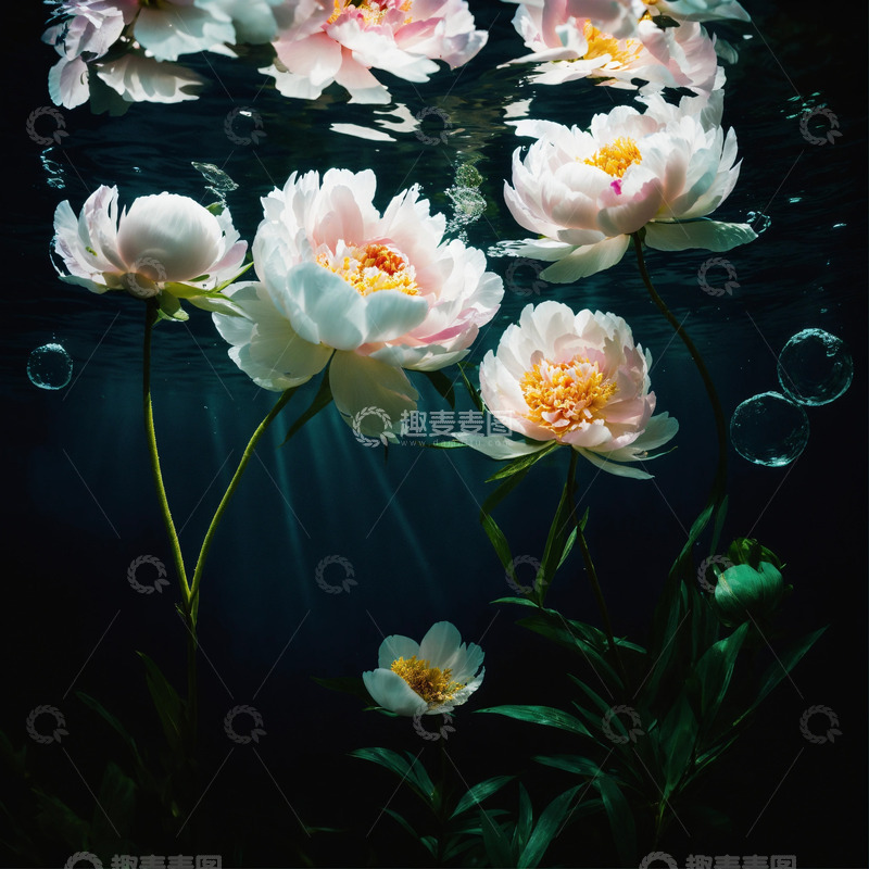高清大图下载【趣麦麦图】户外池塘边水中的牡丹花AI插画海报图片素2