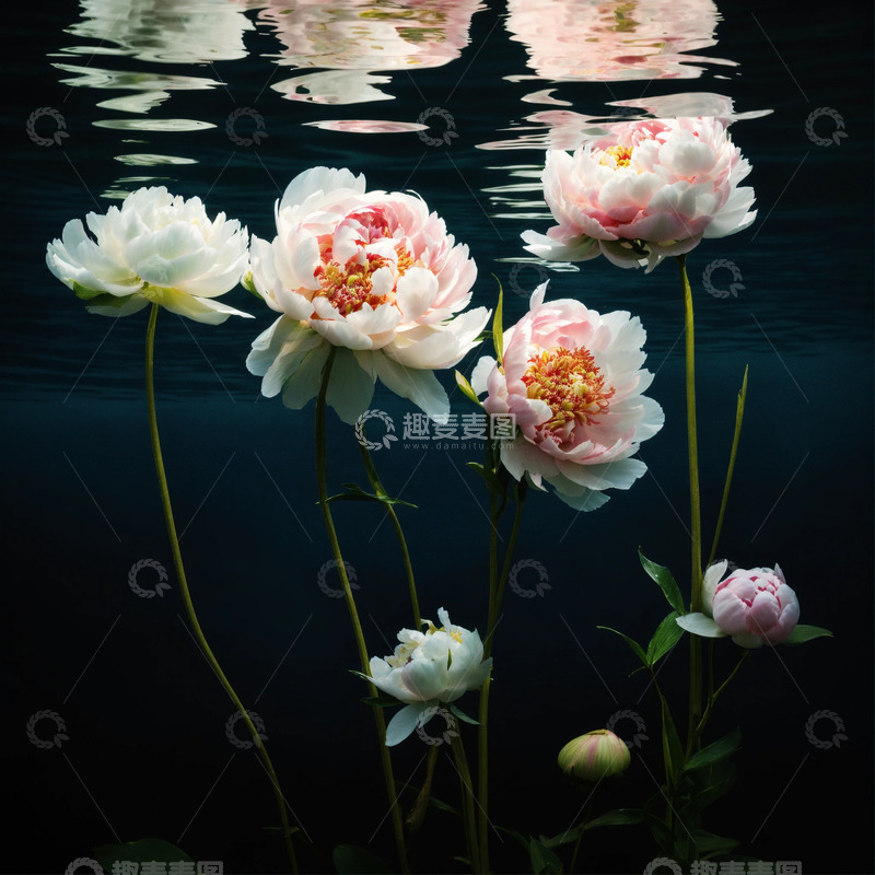 高清大图下载【趣麦麦图】户外池塘边水中的牡丹花AI插画海报图片素7