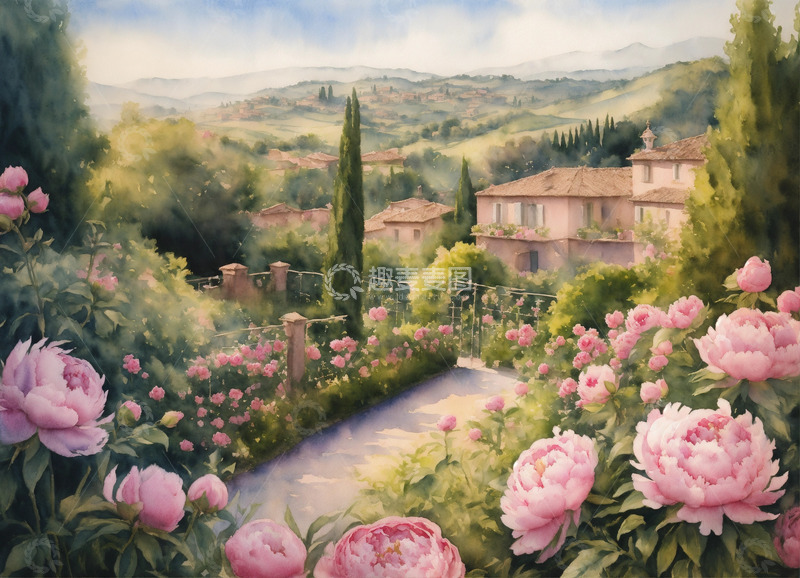 高清大图下载【趣麦麦图】粉色牡丹花庄园农家院AI插画海报图片素材