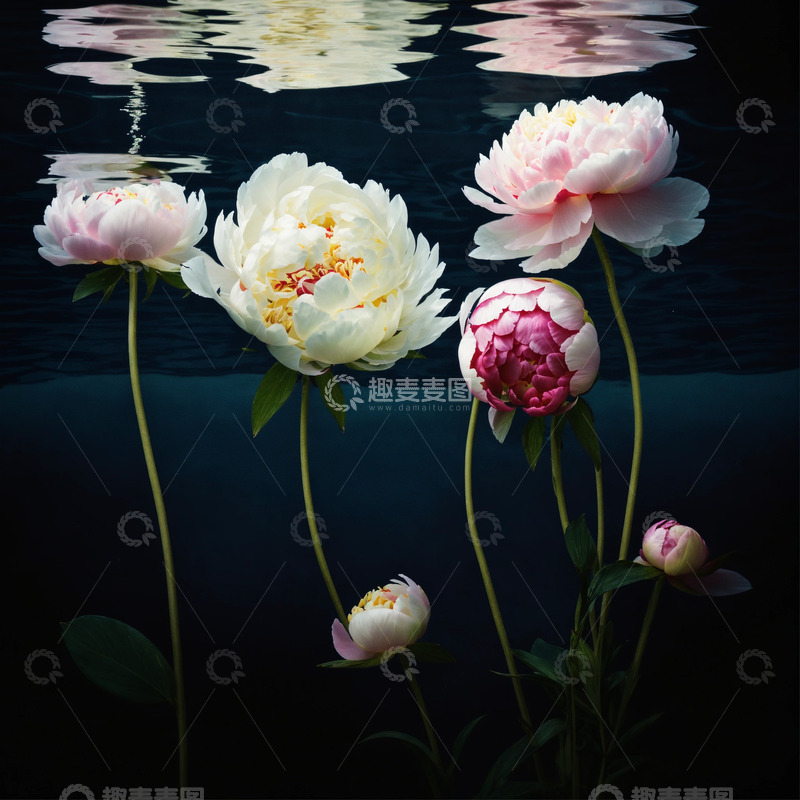 高清大图下载【趣麦麦图】户外池塘边水中的牡丹花AI插画海报图片素13