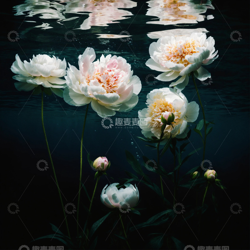 高清大图下载【趣麦麦图】户外池塘边水中的牡丹花AI插画海报图片素12