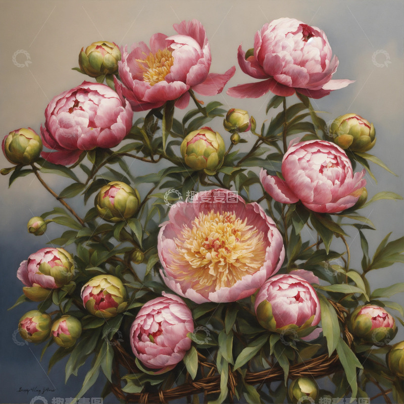 高清大图下载【趣麦麦图】牡丹花水彩画AI插画海报图片素材4