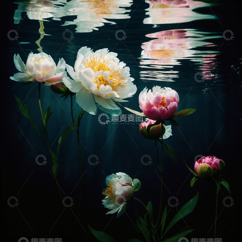 高清大图下载【趣麦麦图】户外池塘边水中的牡丹花AI插画海报图片素4