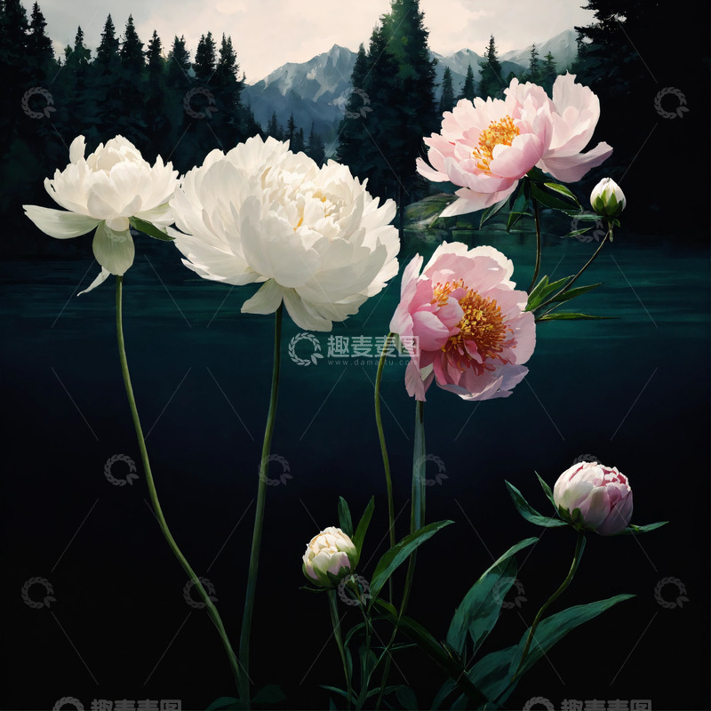 高清大图下载【趣麦麦图】户外池塘边水中的牡丹花AI插画海报图片素8