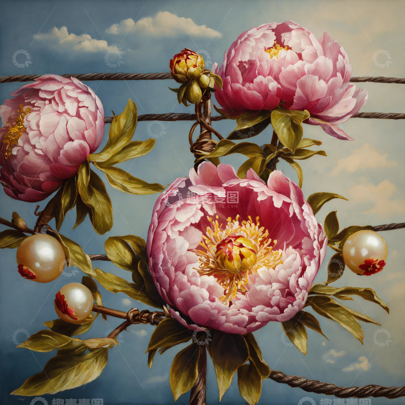 高清大图下载【趣麦麦图】牡丹花水彩画AI插画海报图片素材2