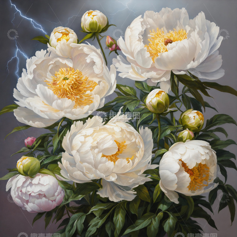 高清大图下载【趣麦麦图】白色牡丹花卉AI插画海报图片素材24