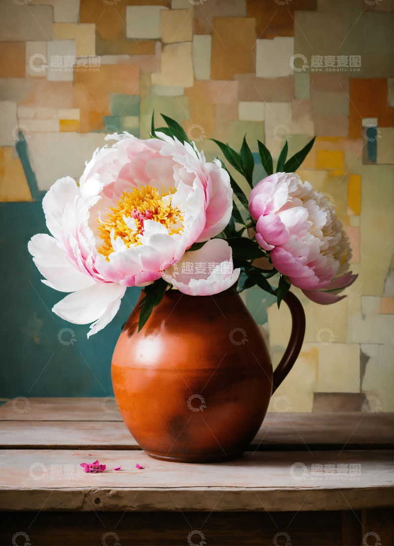 高清大图下载【趣麦麦图】粉色牡丹花瓶AI插画海报图片素材4