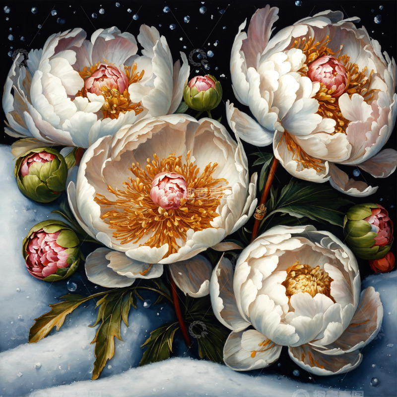 高清大图下载【趣麦麦图】白色牡丹花卉AI插画海报图片素材3