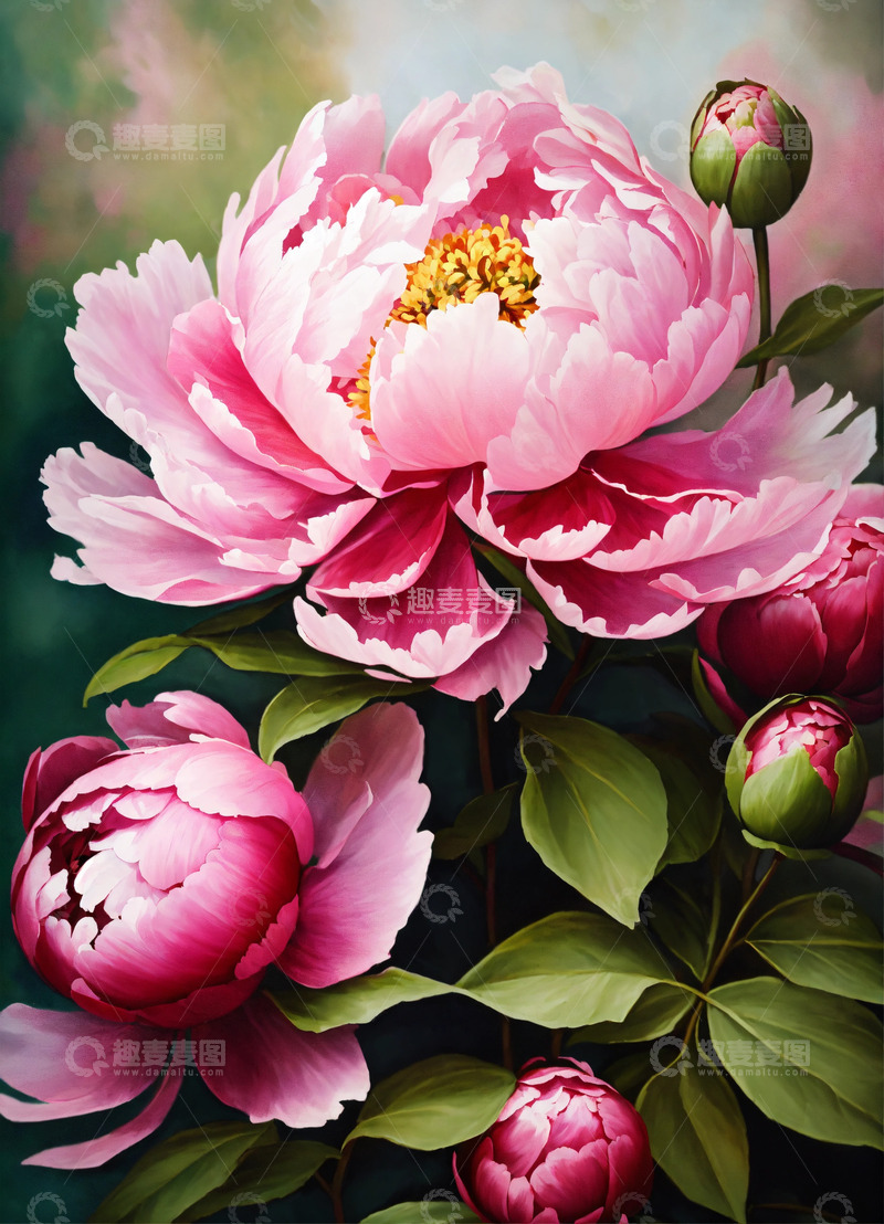 高清大图下载【趣麦麦图】粉色牡丹花卉AI插画海报图片素材6