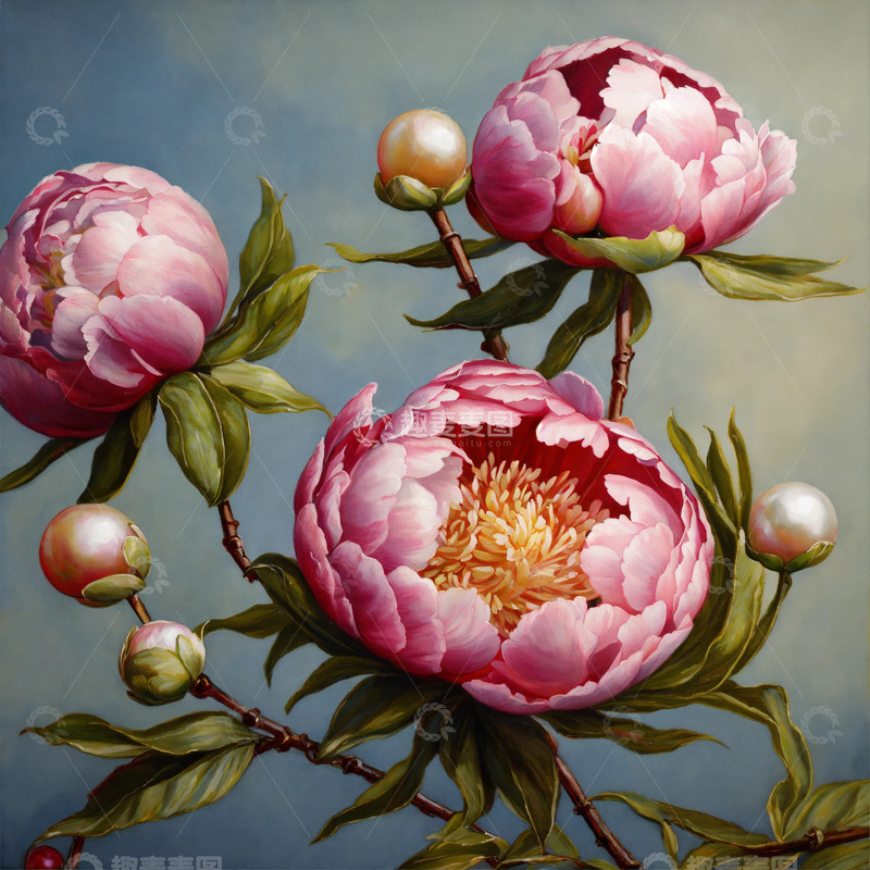 高清大图下载【趣麦麦图】红色牡丹花卉AI插画海报图片素材7