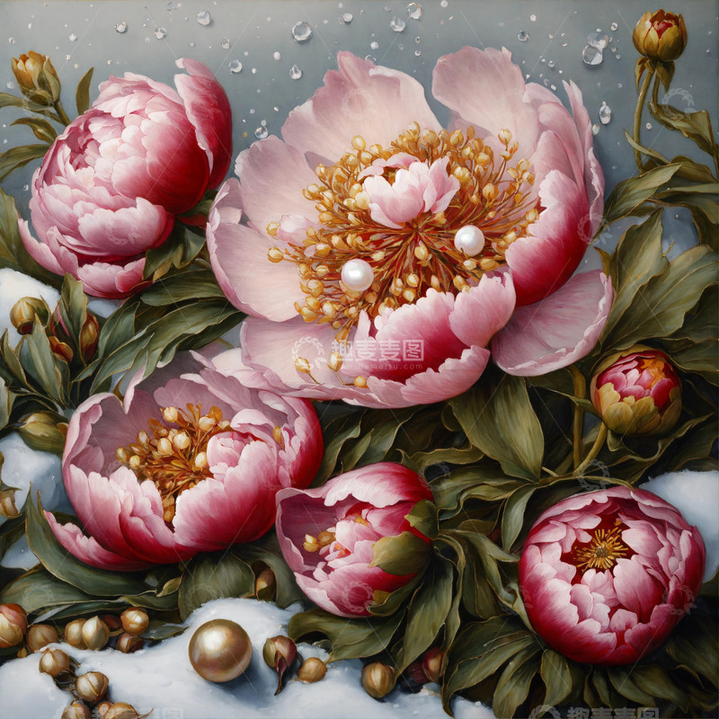 高清大图下载【趣麦麦图】红色牡丹花卉AI插画海报图片素材22