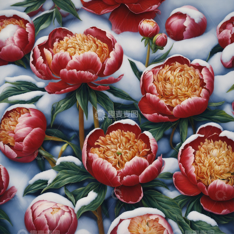 高清大图下载【趣麦麦图】红色牡丹花卉AI插画海报图片素材19