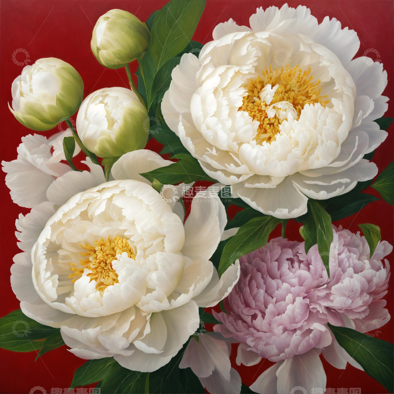 高清大图下载【趣麦麦图】白色牡丹花卉AI插画海报图片素材5