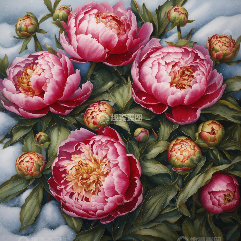 高清大图下载【趣麦麦图】红色牡丹花卉AI插画海报图片素材3