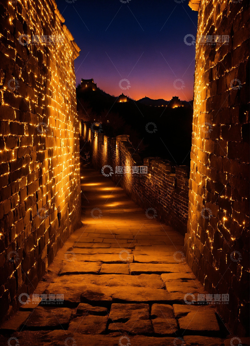 高清大图下载【趣麦麦图】夜晚雄伟长城AI插画海报高清图片素材2