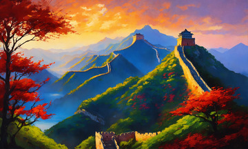 雄伟中国古长城油画AI插画海报高清图片素12