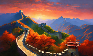 雄伟中国古长城油画AI插画海报高清图片素11
