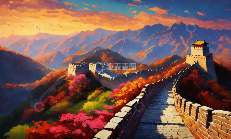 高清大图下载【趣麦麦图】雄伟中国古长城油画AI插画海报高清图片素14