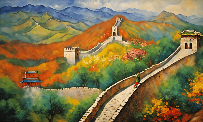 高清大图下载【趣麦麦图】雄伟中国古长城油画AI插画海报高清图片素10