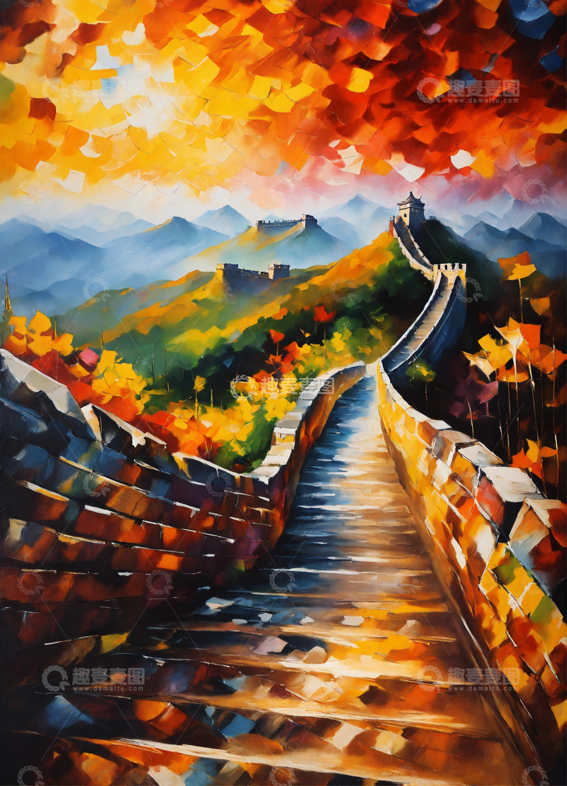 高清大图下载【趣麦麦图】雄伟中国古长城油画AI插画海报高清图片素