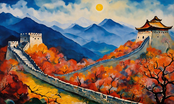 雄伟中国古长城油画AI插画海报高清图片素7
