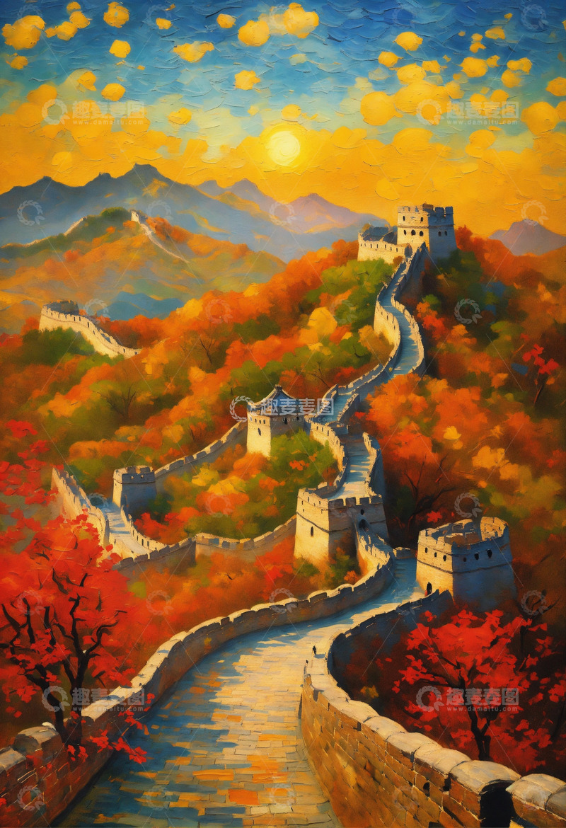 高清大图下载【趣麦麦图】雄伟中国古长城油画AI插画海报高清图片素20