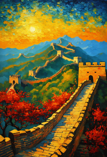 雄伟中国古长城油画AI插画海报高清图片素22