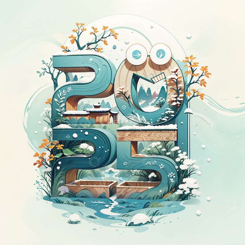 2025立体积雪字AI插画海报素材